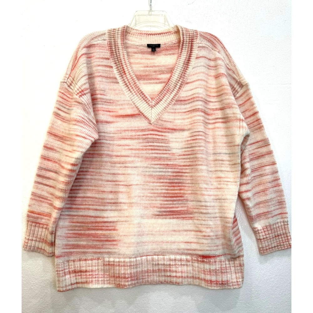 Talbots Plus 2X Pink Cream Stripe Fuzzy V‎ Neck Sweater